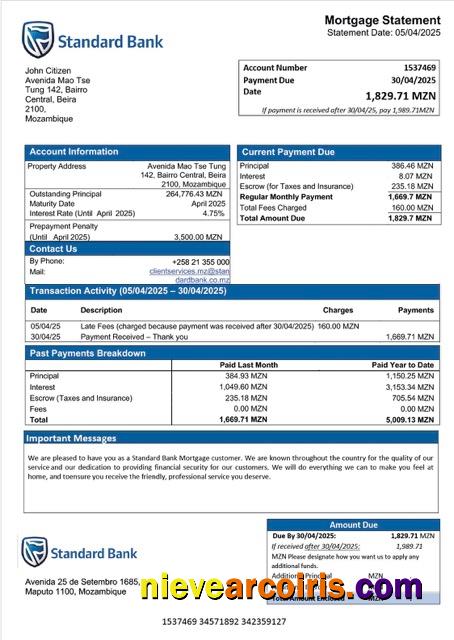 Mozambique Standard Bank mortgage statement Word and PDF template